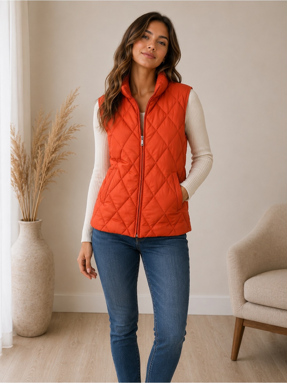 Moncler Orange Quilted Zip Vest - Women's Sleeveless Puffer